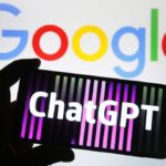 ChatGPT on a phone in front of a Google logo.